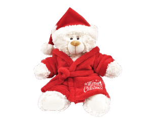 Cream Bear with Printed Bathrobe and Santa Hat