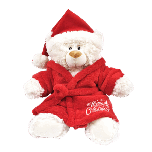 Cream Bear with Printed Bathrobe and Santa Hat
