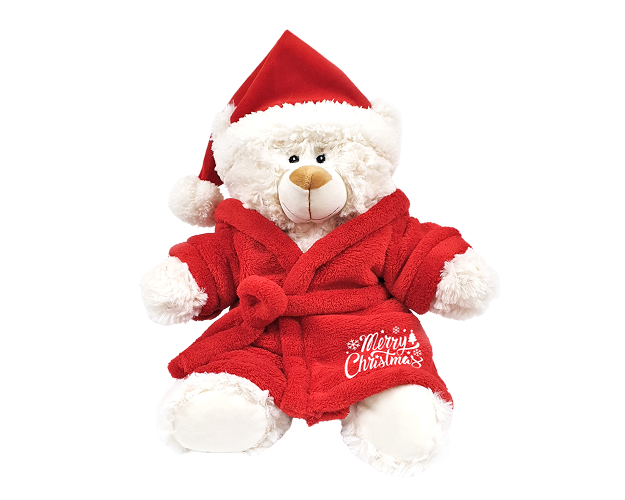 Cream Bear with Printed Bathrobe and Santa Hat