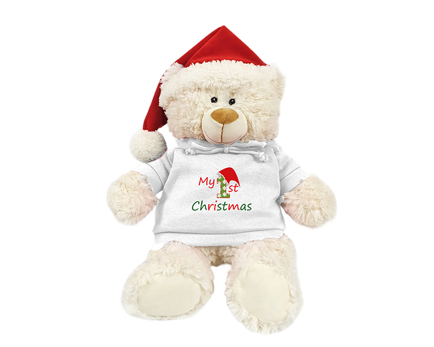Cream Bear with Printed Hoodie and Santa Hat