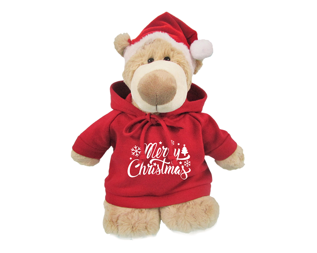 Mascot Bear with Printed Hoodie and Santa Hat
